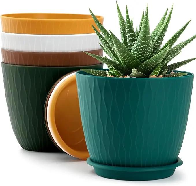 Plant Pots – 6 Inch Planters with Drainage Holes and Saucers, Flower Pots for Indoor and Outdoor Plants, Nursery Planting Pots (Pack of 5, Multicolor) by GreenHaven Gardens