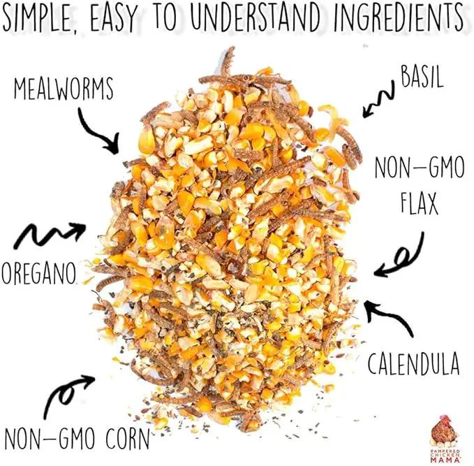 Pampered Chicken Mama Non-GMO Mealworm, Corn, Flax, & Herb Treat for Backyard Chickens, Healthy Layer Feed & Supplies for Pet Chickens Poultry Queen Treat for Hens (20 pounds) by GreenHaven Gardens