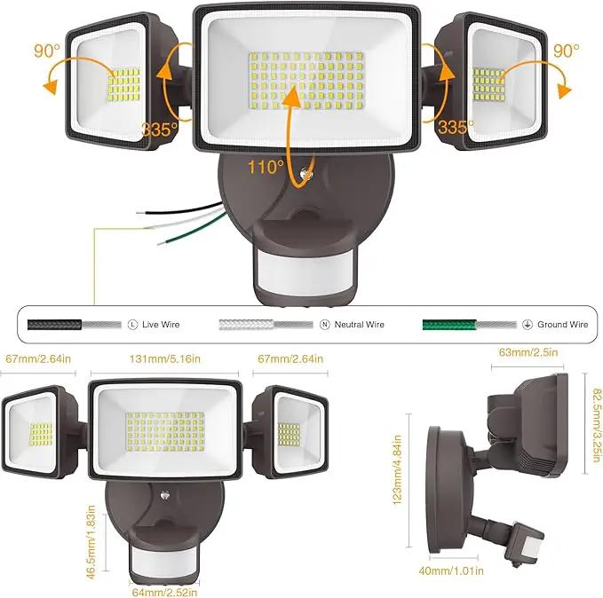Onforu 65W LED Security Lights Motion Sensor Light Outdoor, 6500LM, 6500K, IP65 Waterproof, Flood Light Outdoor Motion Detector with Adjustable 3 Head, Hardwired Wall Light for Entryway, Yard (Brown) by GreenHaven Gardens