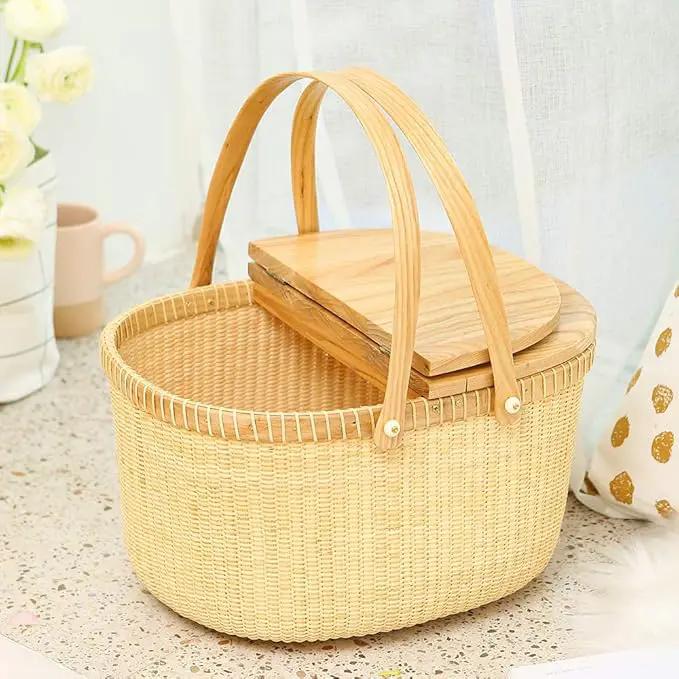 Nantucket Basket Crafts Cane-on-Cane Weave Picnic Basket Shopping Basket Basket Storage Basket Two Swing Handles (Ash Activity Double Open) by GreenHaven Gardens