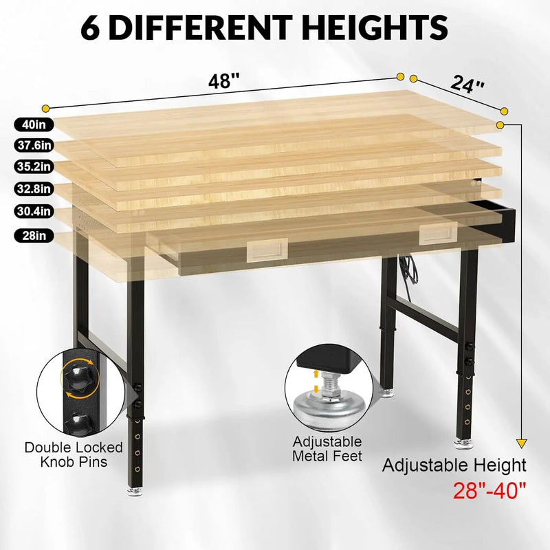 48" Workbench for Garage with Drawers Rubberwood Tabletop Work Table with Pegboard, Power Outlets Adjustable Height Work Bench for Office, Woodworking Shop, Home by GreenHaven Gardens
