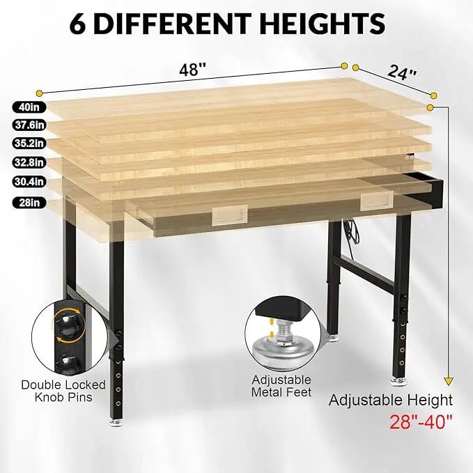 48" Workbench with Drawers, Adjustable Height Work Bench 2000 LBS Heavy-Duty Work Table Rubber Wood Work Station with Power Outlet & Pegboard for Garage, Office, Workshop, Home, Party Shop by GreenHaven Gardens