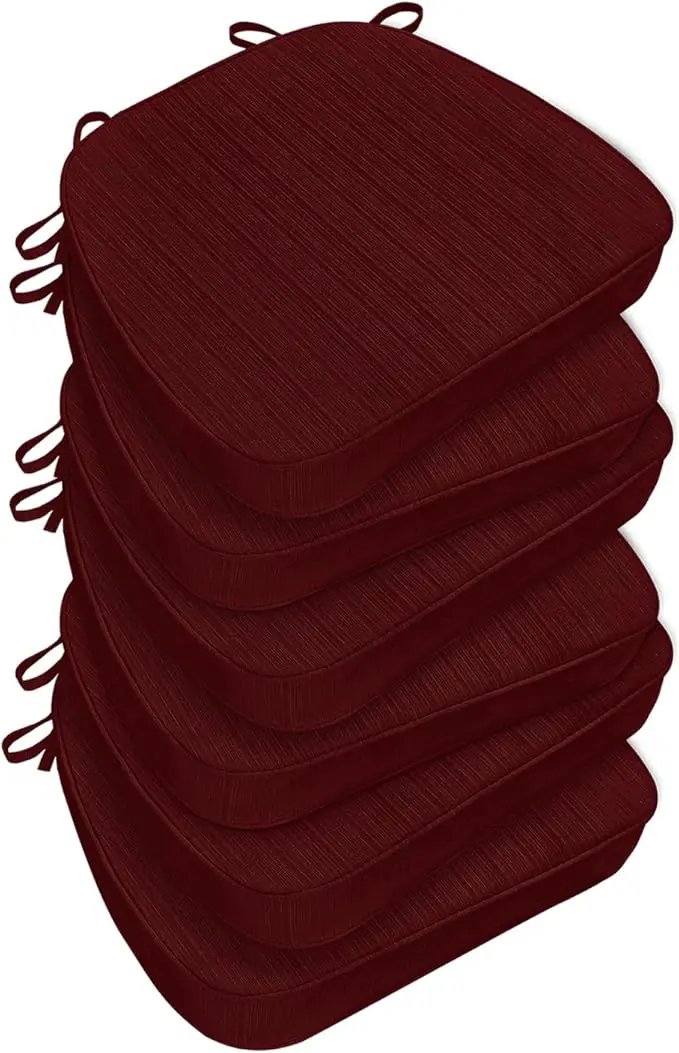 Chair Cushions for Dining Chairs, Indoor Chair Cushions with Ties，Waterproof Chair Pads Set of 6, Burgundy, 17x16x2.5 Inch by GreenHaven Gardens
