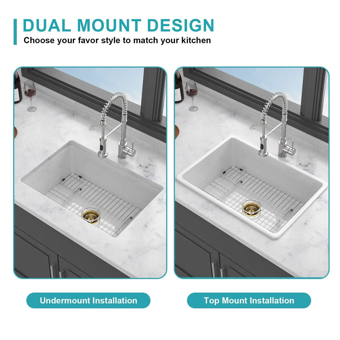 Undermount Single Bowl Ceramic Kitchen Sink, Dual Mount by HouseOfZazla