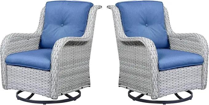 Outdoor Swivel Rcoker Patio Chairs - Outdoor Swivel Patio Chairs Set of 2 Wicker Chair Patio Furniture Sets with Covered Cushion for Porch Deck Balcony Garden, Blue Cushion by GreenHaven Gardens