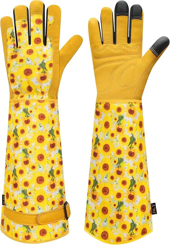 DLY Gardening Gloves for Women, Rose Gloves Gardening Thorn Proof, Long Garden Gloves for Women, Breathable Cowhide Leather Gauntlet (Large, Yellow by GreenHaven Gardens
