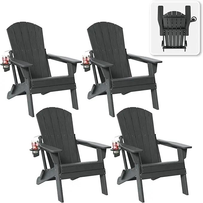 Folding Adirondack Chair Set of 4 with Cup Holder, HDPE All Weather Resistant Plastic Outdoor Patio Chairs, Heavy Duty Fire Pit Seating for Backyard Lawn Garden, Wooden Textured Design(Gray) by GreenHaven Gardens