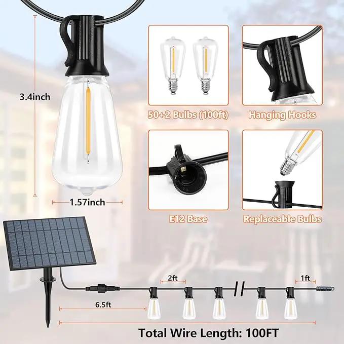 100FT Outdoor Solar String Lights with Remote, USB Rechargeable LED Patio Lights with 52 Timer Dimmable ST38 Edison Bulbs, Enhanced 5W Solar Panel Outside Hanging Lights for Porch Garden Deck Backyard by GreenHaven Gardens