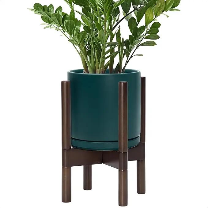 D'vine Dev Ceramic Planter with Walnut Color Stand - 8 Inch Modern Round Flower Pot with Wood Planter Holder, Teal, 55-B-Y-4 by GreenHaven Gardens