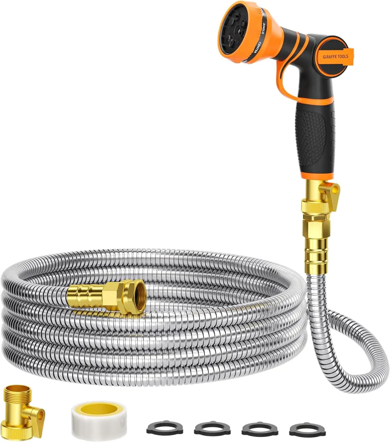 Girafe Tools Garden Hose 25ft x 5/8", 304 Stainless Steel Metal Water Hose, No Kink Garden Water Hose with 9 Pattern Spray Nozzle, Flexible, Lightweight, Kink Free Hose for Yard, Outdoor by GreenHaven Gardens