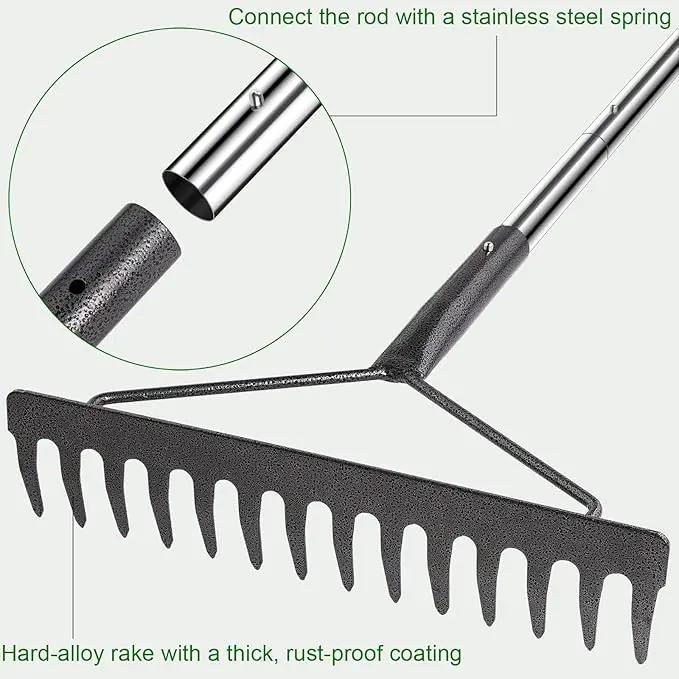 Sturdy Garden Rakes for Leaves: Metal Rake Heavy Duty Tool for Quick Clean Up of Lawn and Yard, 38’’--63’’ Adjustable Long Handle and 14Tines by GreenHaven Gardens