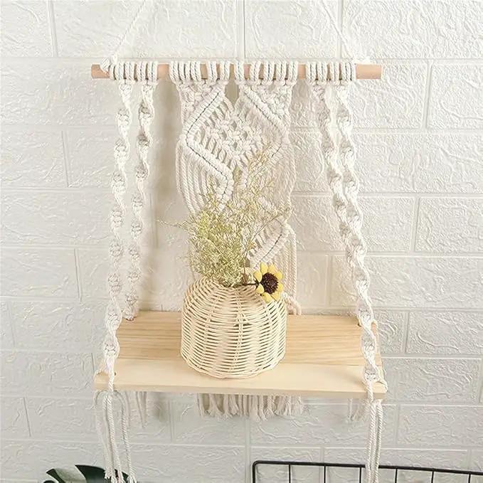 Macrame Wall Hanging Plant Decor Shelf Indoor Outdoor Floating Wood shelve Decorative Hand Made Rope Boho Shelving for Plants by GreenHaven Gardens