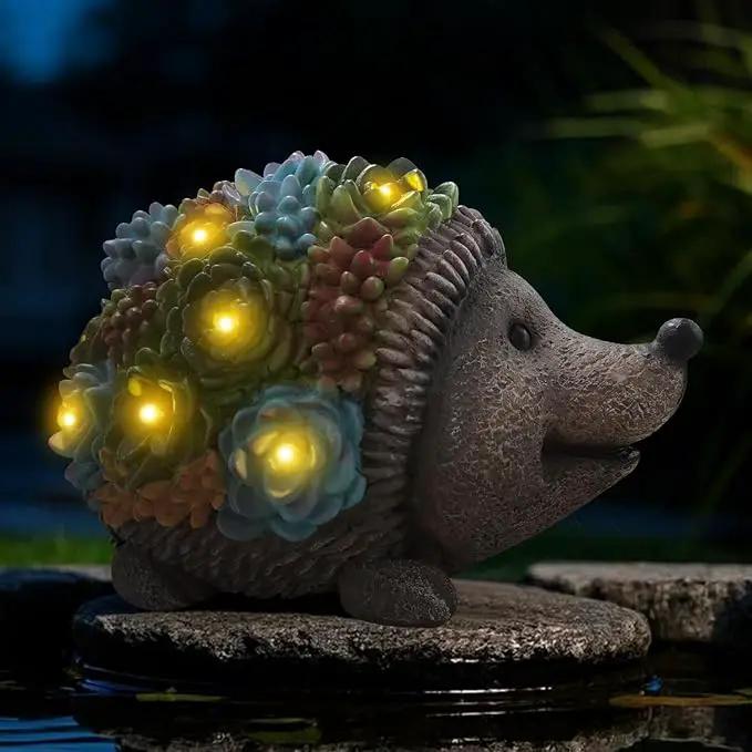 J.CARP Outdoor Solar Garden Hedgehog Statue with Succulents and 7 LED Lights, Decorations for Garden, Patio, Lawn, Outdoor Yard and Deck, Unique Housewarming Gifts by GreenHaven Gardens