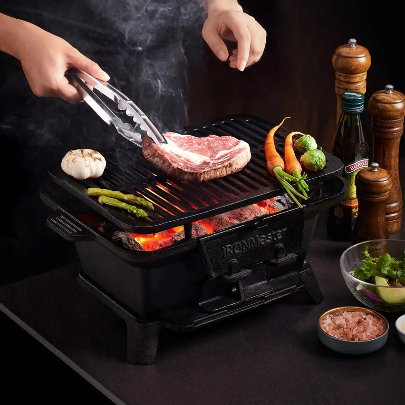 IronMaster Hibachi Grill Outdoor, Small Portable Charcoal Grill, Pre-Seasoned Cast Iron, Japanese Yakitori Camping Grill - 2 Heights, Air Control, Coal Door by GreenHaven Gardens