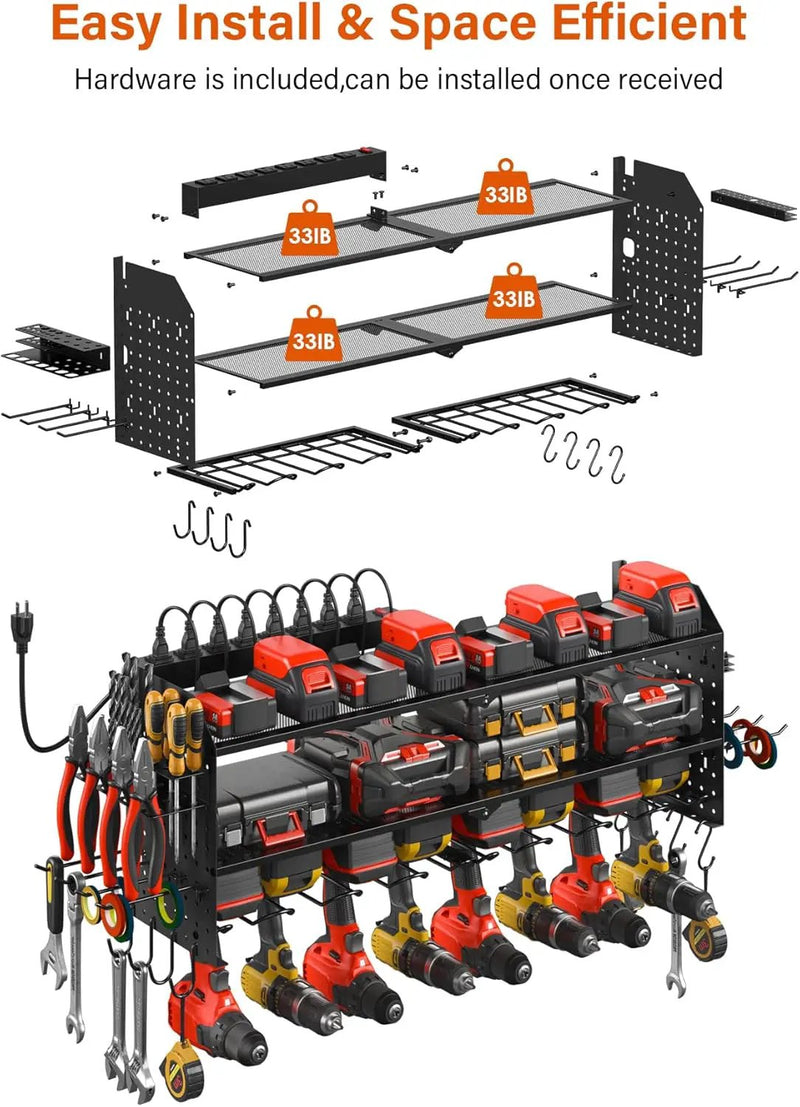 JUNNUJ Large Pegboard Power Tool Organizer with Charging Station, 8 Drills Driver and Tools Battery Holder Wall Mount with 8 Outlet 10 FT Power Strip, Black 3-Layer Shop Garage Storage Utility Rack by GreenHaven Gardens