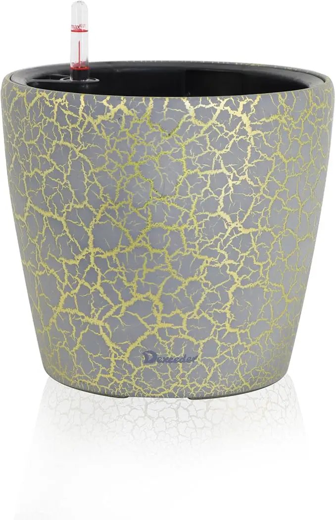 Dexceder 9x8 Inches Self Watering Planter Indoor Outdoor, Inner Pot Design, Thickened Table Flower Plant Pot with Water Level Indicator (Grey Gold Crackle) by GreenHaven Gardens