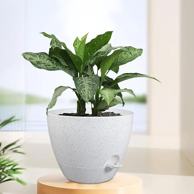 12 inch Large Self Watering Pots for Indoor Outdoor Plants, Plant Pots with Mesh Drainage Holes for Garden House Plants, Plastic Planters with Reservoir for Flower, Speckled White by GreenHaven Gardens