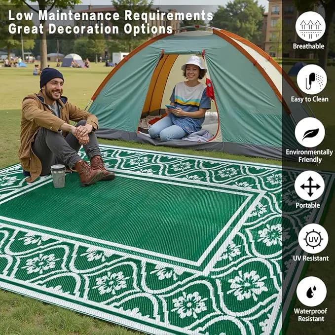 Outdoor Rug 8x10 Patio Waterproof Mat Camping Carpet Outside Area Rug Reversible Green Rugs for RV Deck Entryance Porch Picnic Balcony Beach by GreenHaven Gardens