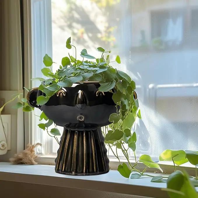 Head Planter 7 Inch - Ceramic Face Planters with Drainage Hole, Funny Succulent Pots for Indoor Outdoor, Cute Decorative Plant Pot, Desk Office Room Home Decor, Black by GreenHaven Gardens