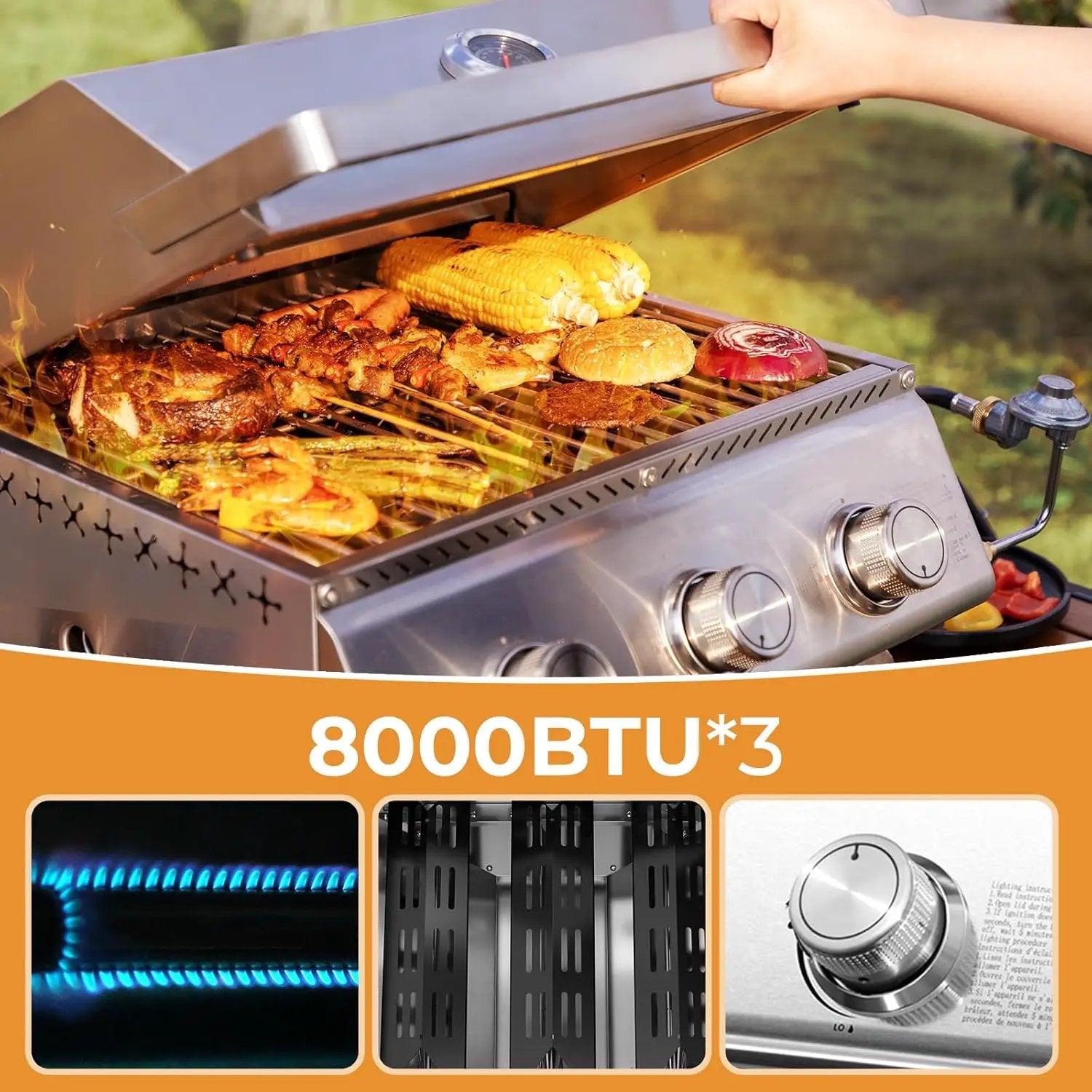R.W.FLAME Premium 3 Burner Tabletop Propane Gas Grill Stainless Steel Portable Outdoor BBQ Grill with Griddle,24,000 BTU Multi-Zone Cooking,Built-in Thermometer,Backyard,Camping & Patio Gatherings by GreenHaven Gardens