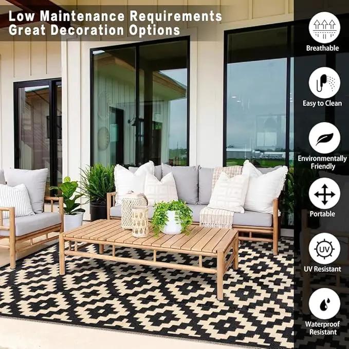 Outdoor Plastic Straw Rug, Waterproof Mat, Washable Large Floor Mat and Rug for Outdoors, RV, Beach, Patio, Camping, Backyard, Deck, Picnic, Indoor Outside (8x10ft,Geometry/Black&Beige) by GreenHaven Gardens