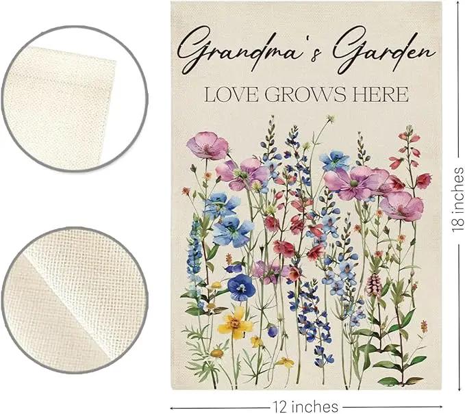 Grandma's Garden Flag Welcome Sign Love Grows Here Flag Gift Flower Decoration Small Double Sided Burlap art Stained Glass Style Garden Flags 12 x 18 Inch for Outside by GreenHaven Gardens