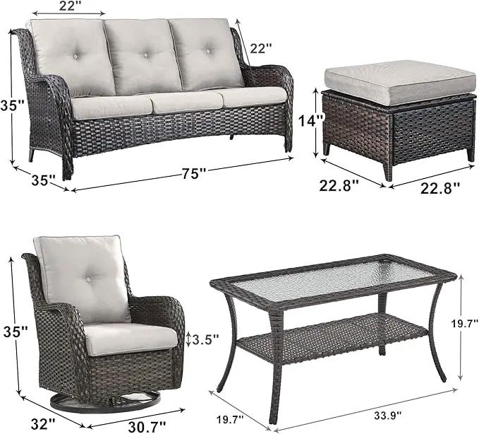 Outdoor Wicker Patio Furniture Set - 6 Piece Rattan Patio Conversation Set with 2 Rocking Swivel Chairs,2 Ottomans,1 Sofa and 1 Coffee Table for Porch Deck Backyard Garden(Brown/Beige) by GreenHaven Gardens