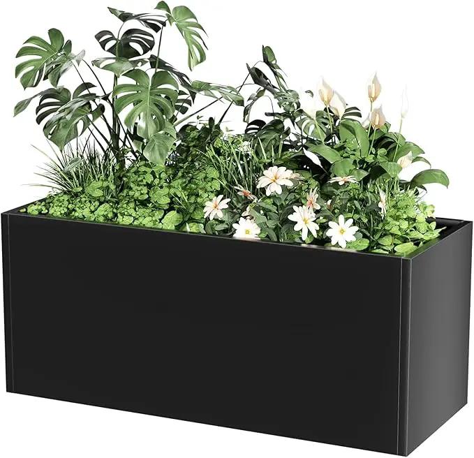 Long Metal Cube Planter for Outdoor Plants 15" W x 38" L x 16.25" H, Heavy Duty Steel Rectangular Planter Box with Removable Insert Shelf, Modern Décor for Outside, Indoor, Garden (Black) by GreenHaven Gardens
