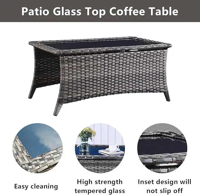 Wicker Patio Furniture Sets - 8 Piece Rattan Outdoor Furniture Conversation Sets with 4 Swivel Rocker Chairs, Rattan Sofa, Wicker Ottomans and Coffee Table, Mixed Grey/Blue by GreenHaven Gardens
