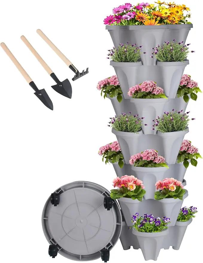 Vertical Planter 7 Tier Stackable Planters Garden Planters Strawberry Herb Flower and Vegetable Planter Indoor Outdoor Gardening Pots with Removable Wheels and Tools by GreenHaven Gardens