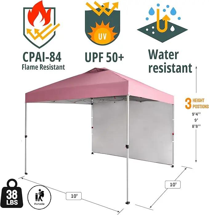 CROWN SHADES 10x10 Pop Up Canopy with 1 Side Wall - Beach Tent with One Push Setup - Outdoor Sun Shade for Events, Parties, Camping - Gazebo with STO-N-Go Cover Bag (Pink) by GreenHaven Gardens