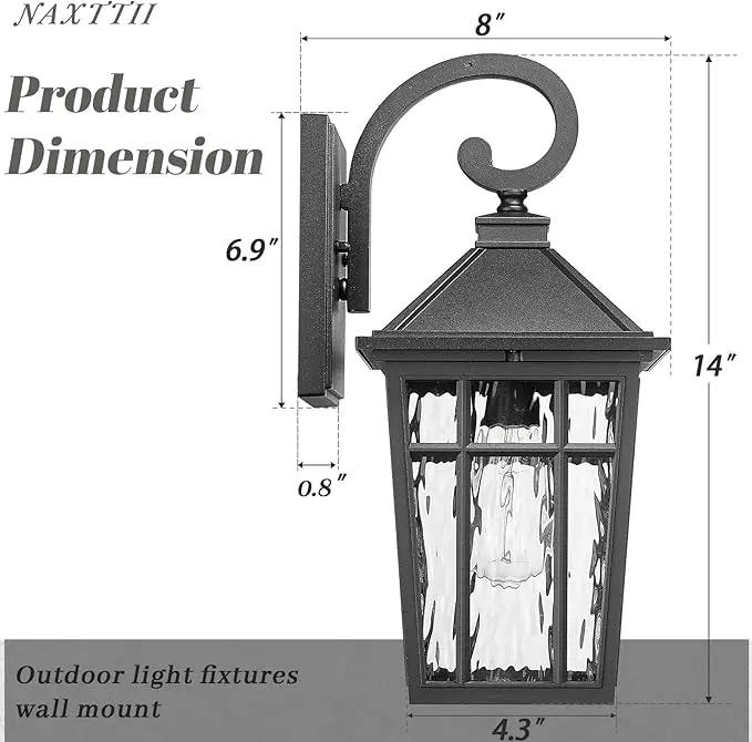 Outdoor Light Fixture 14 Inch Height Outside Wall Lights Black Finish and Water Ripple Glass Exterior Lights for House Garage Porch and Garden E26 Socket 2-Pack by GreenHaven Gardens
