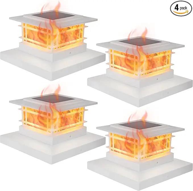Dynaming 4 Pack Solar Flame Post Lights Outdoor, Solar Powered Fence Post White Shell Cap Light, High Brightness Flickering Flame LED Lighting for Garden Deck Patio, Fit 4x4 5x5 6x6 Vinyl/Wooden Posts by GreenHaven Gardens