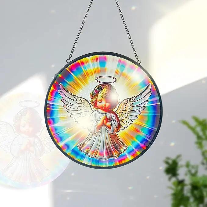 Praying Angel Decor Handmade Stained Glass Suncatcher - Rainbow Maker Stained Glass Suncatchers W/Metal Chain - Spiritual Angelic Gift for Women Christmas Thanksgiving Housewarming Gifts by GreenHaven Gardens