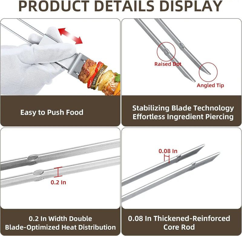 13inch 12(packs) Double Fork Flat Stainless Steel BBQ Skewers with Push Bar, Reusable Skewers for Grilling Kabob Skewer for Meat, Vegetable, BBQ Accessories by GreenHaven Gardens