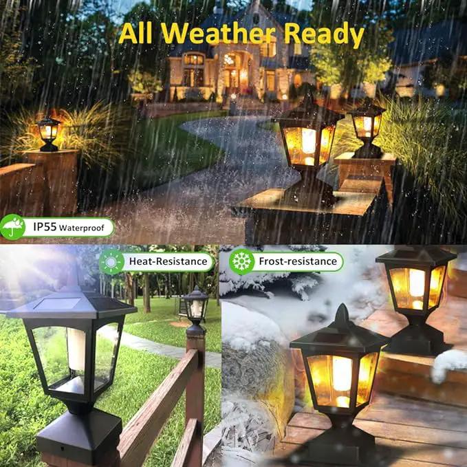 Solar Post Flame Light, Outdoor Deck Fence Post Cap Top LED Light wih Flickering Flame, Waterproof, 4x4 5x5 6x6, Outdoor Garden Firefly String Lights, 30 Leds, (Pack of 2) by GreenHaven Gardens