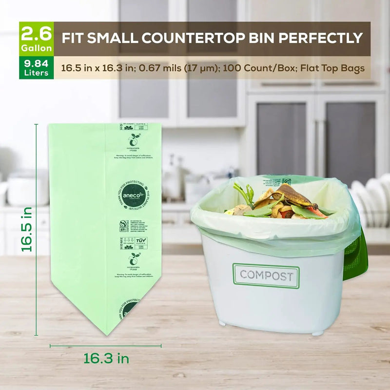 ANECO 100% Compostable Waste Bags 2.6 Gallon (Flat Top Bags, 50 Count) Extra Strong Kitchen Small Compost Bags for Countertop Bin (BPI & OK Compost HOME Certified) by GreenHaven Gardens
