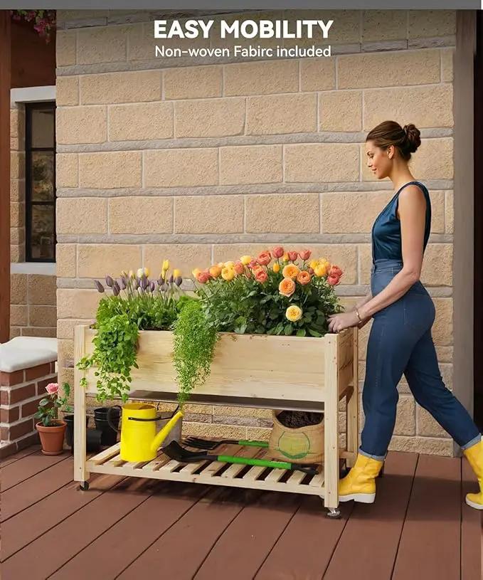 Raised Garden Bed with Legs and Wheels, Wooden Raised Planter Box with Storage Shelf, Protective Liner, Mobile Elevated Wood Planter for Backyard, Patio, Balcony Natural, 48"×24"×30" by GreenHaven Gardens