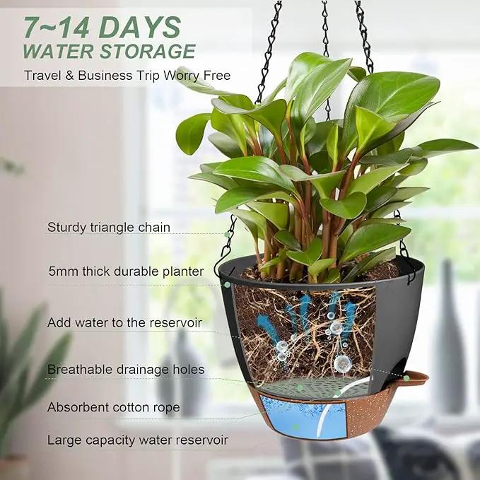 Hanging Planters for Indoor Outdoor Plants, 2 Pack Self Watering Hanging Pot with Drainage Holes & Removable Tray (Black, 8'') by GreenHaven Gardens