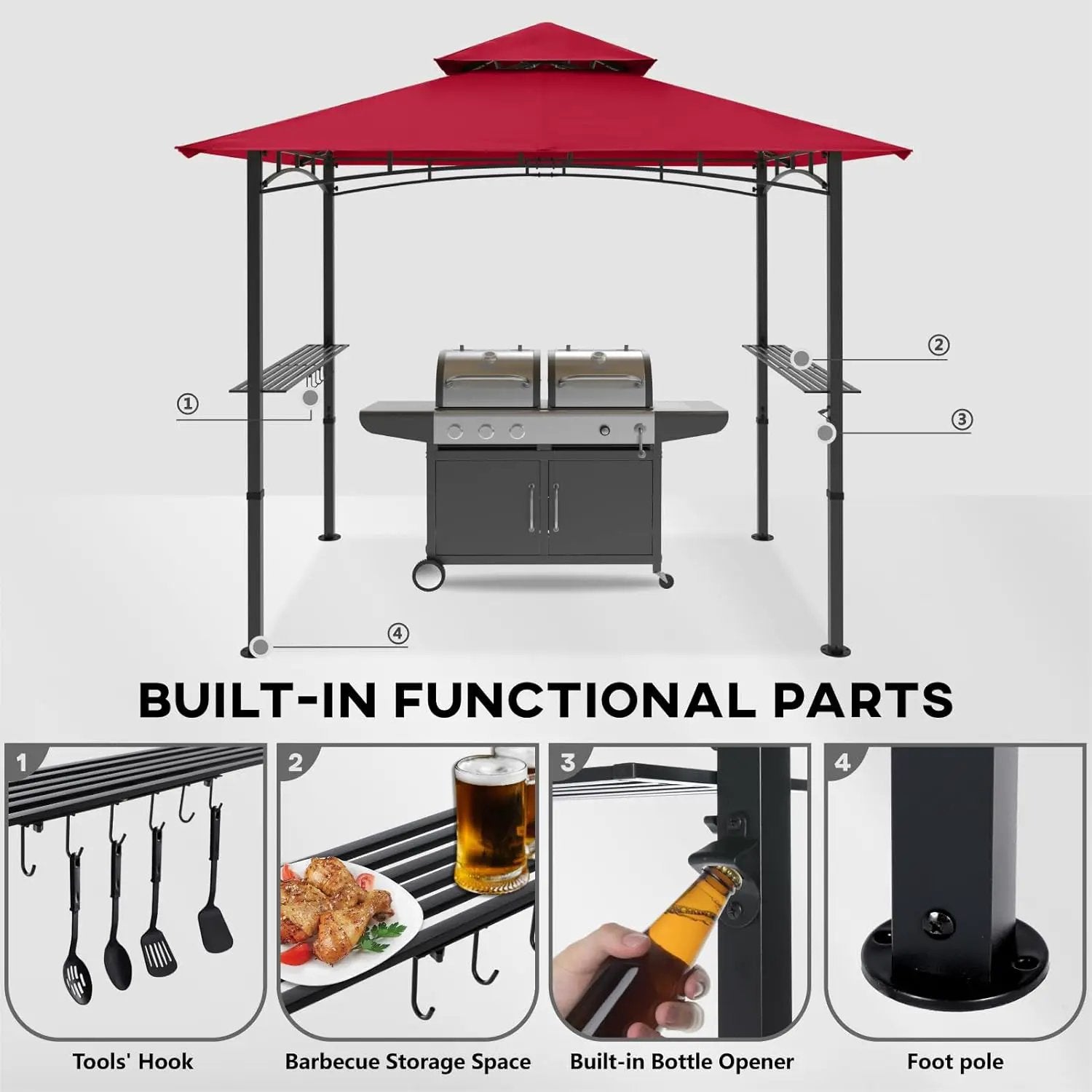 COOSHADE 8'x 5' Grill Gazebo Double Tiered Outdoor BBQ Gazebo Canopy with LED Light (Burgundy) by GreenHaven Gardens