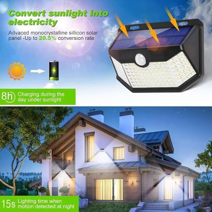 HMCITY Solar Lights Outdoor 120 LED with Reflector and 3 Lighting Modes,Motion Sensor Wall Lights, IP65 Waterproof Solar Powered Wall Lights for Garden Deck Lights (Back Button 4Packs, Daylight White) by GreenHaven Gardens