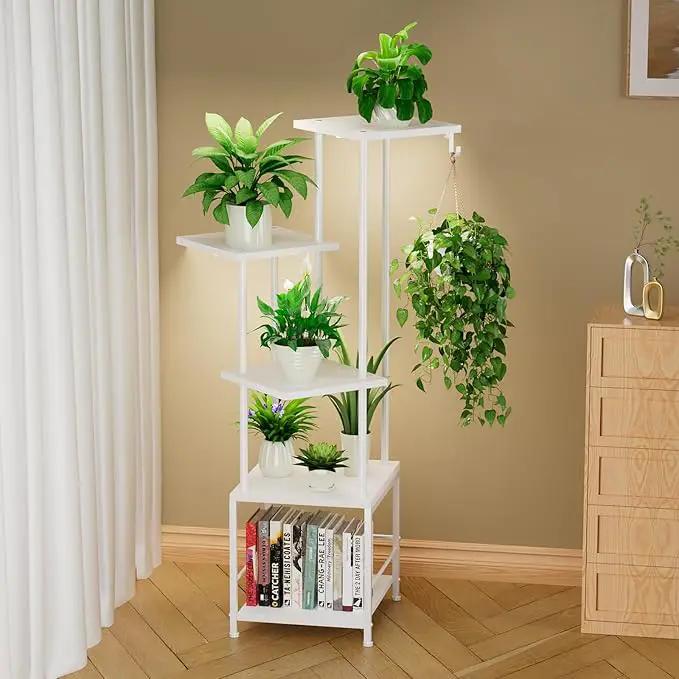 Plant Stand Indoor with Grow Light, 5-Tiered Tall Plant Stand Indoor, Metal Plant Shelf with Hanging Basket Hook and Adjustable Light, Ideal for Living Room, Garden, Patio white by GreenHaven Gardens