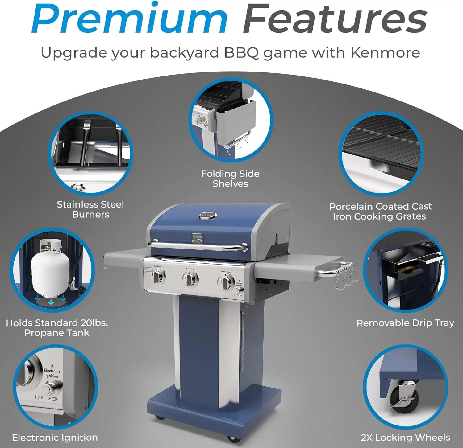 Kenmore 3-Burner Propane BBQ Grill, 30,000 BTUs Gas Grill with Cast Iron Cooking Grates, Folding Side Tables & Wheels, Outdoor Grill with Tool Hooks, Azure Blue by GreenHaven Gardens