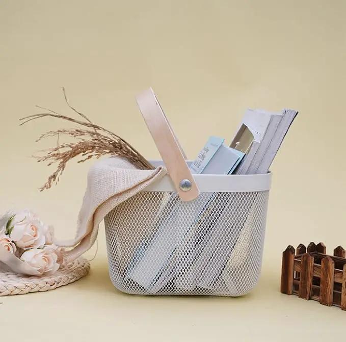 Metal Mesh Steel Basket, Storage Organizer Basket Multi-functional Hanging Kitchen Baskets Fruit Basket Bin with Bamboo Handle for Kitchen Bathroom Picnic Shopping Decor Cabinet Home, Beige by GreenHaven Gardens