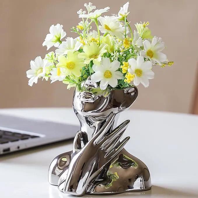 BrownLove Silver Ceramic Face Vase, Modern Silver Decorative Art Vase, Bookshelf Placed On The Desktop, Small Living Room, Office and Bedroom by GreenHaven Gardens