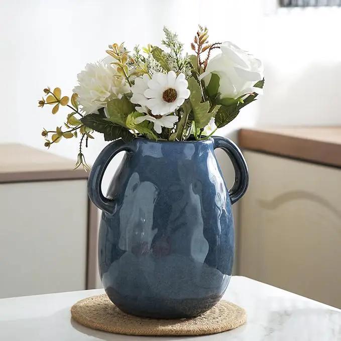 Blue Ceramic Vase with 2 Handles - Modern Farmhouse Rustic Terracotta Decorative Clay Boho Vase for Pampas Grass and Home Decor by GreenHaven Gardens