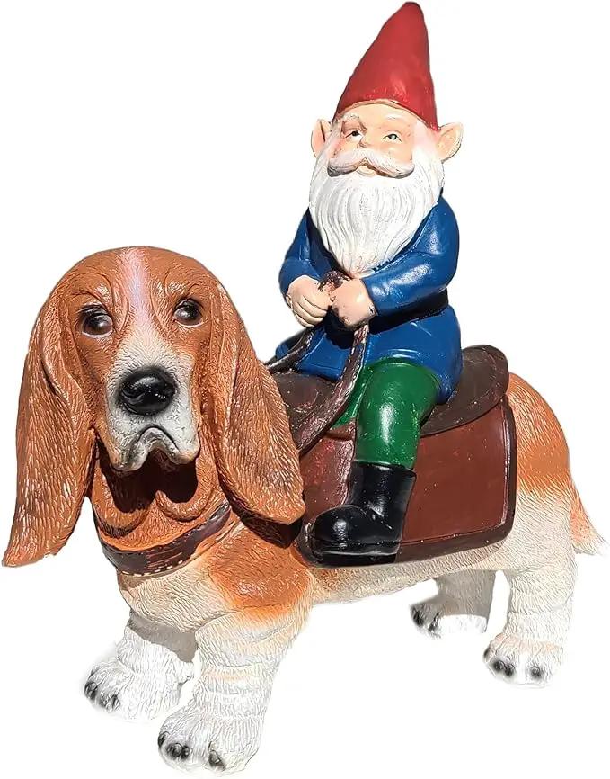 Funny Guy Mugs Gnome Riding A Basset Hound - Funny Garden Gnomes Gifts for Women - Garden Gnomes for Outdoors - Gifts for Dog Lovers - Indoor/Outdoor Garden Gnome Sculpture for Patio, Yard or Lawn by GreenHaven Gardens
