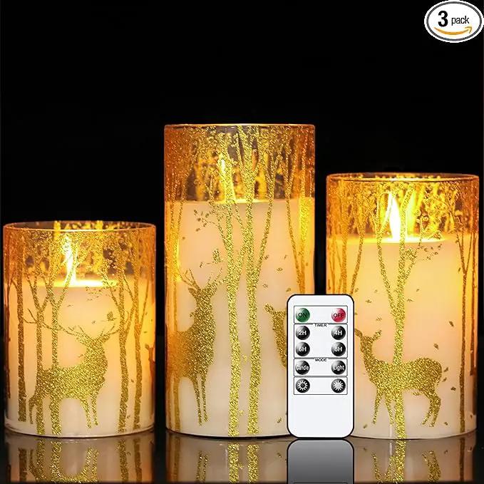 Christmas Deer Flameless Candles with Remote Timer, Glass Battery Operated Pillar Candles with Gold Elk Decor, LED Flickering Candles with 3D Wick and Real Wax for Winter Christmas Home Decor by GreenHaven Gardens