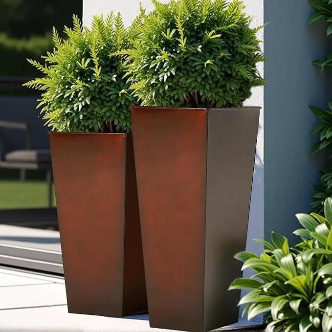 WORTH Garden Large Metal Glazed Planter Set of 2 (25" + 28"), Luxurious Glossy Finish Red Tall Square Tapered Steel Plant Pot, Decor Flower Pot Indoor & Outdoor, Drainage Hole & Dual-Purpose Saucer by GreenHaven Gardens