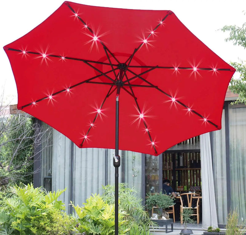 Sunnyglade 9' Solar LED Lighted Patio Umbrella with 8 Ribs/Tilt Adjustment and Crank Lift System (Red) by GreenHaven Gardens